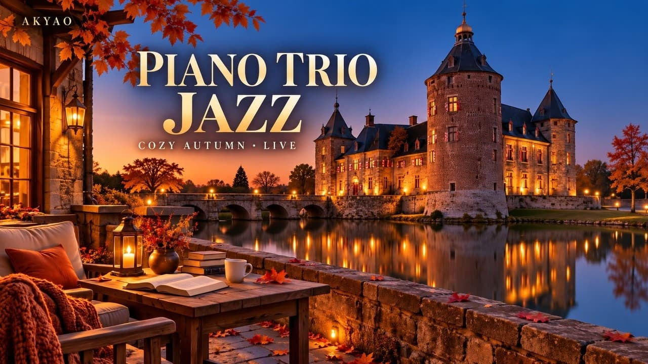 Vorschau von Piano Trio Jazz: ein gemütliches Schlosscafé im Herbst am Wasser.
