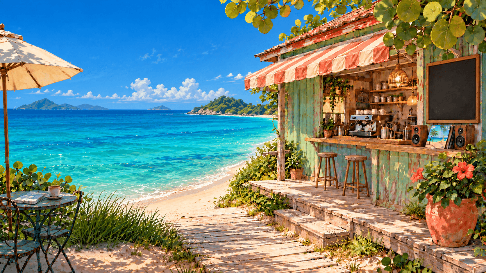 Vorschau des Akyao Tropical Vibes Chill Radio: ein Strandcafé am türkisblauen Meer.