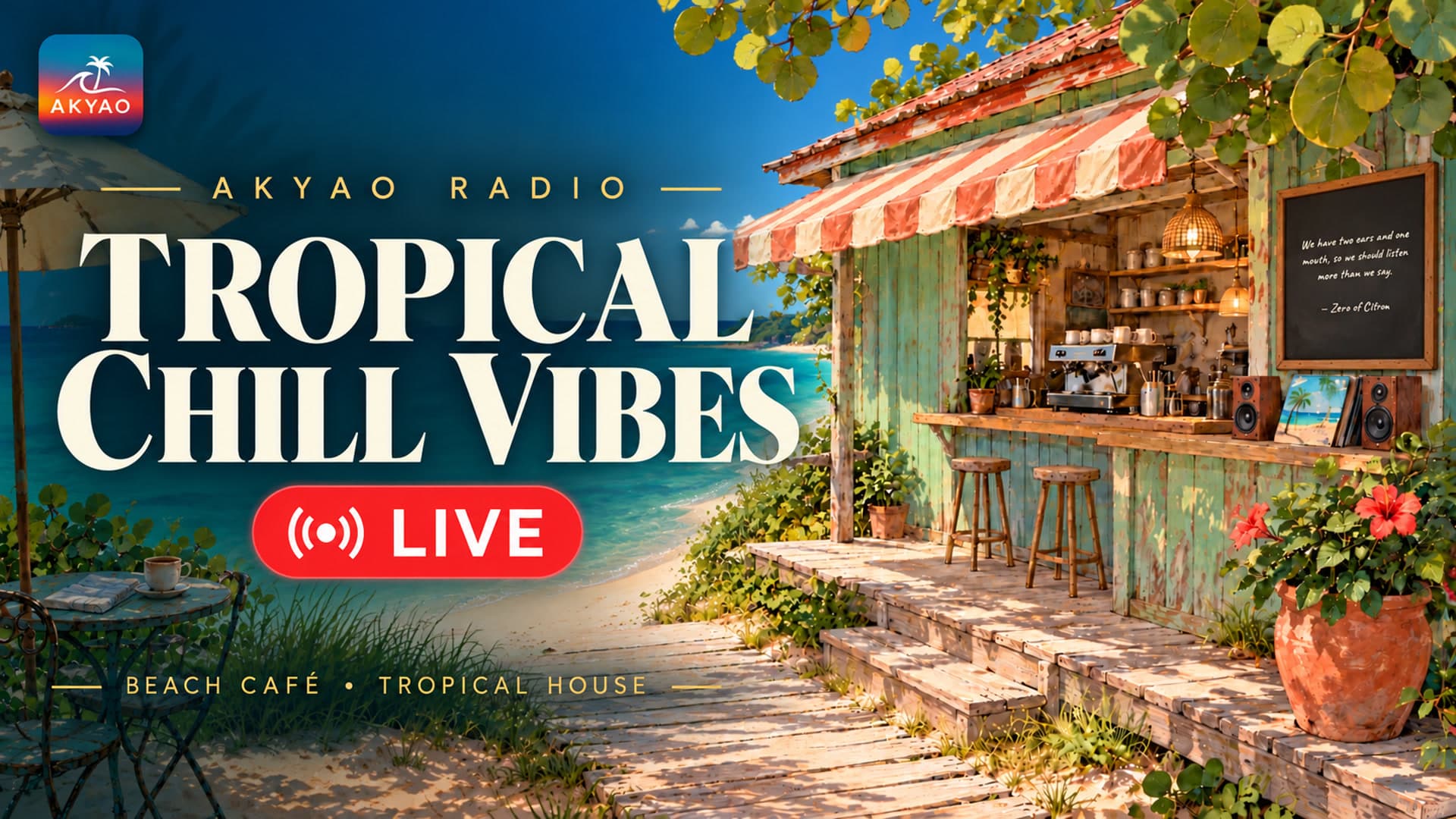 Vorschau des Akyao Tropical Vibes Chill Radio: ein Strandcafé am türkisblauen Meer.